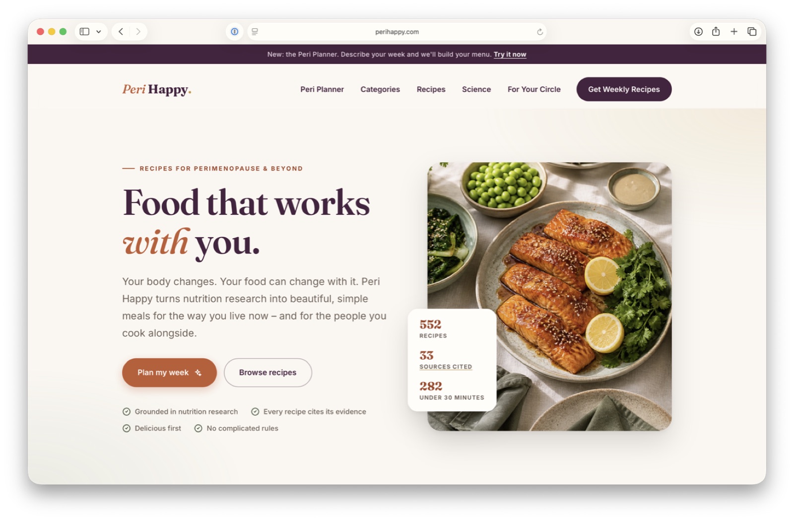 The perihappy.com homepage: “Food that works with you”, with recipe and source counts