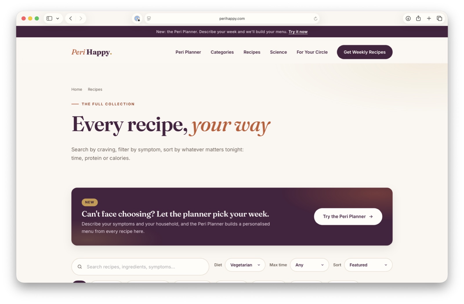 The Peri Happy recipe library, filterable by craving, symptom and diet, with a prompt to try the planner