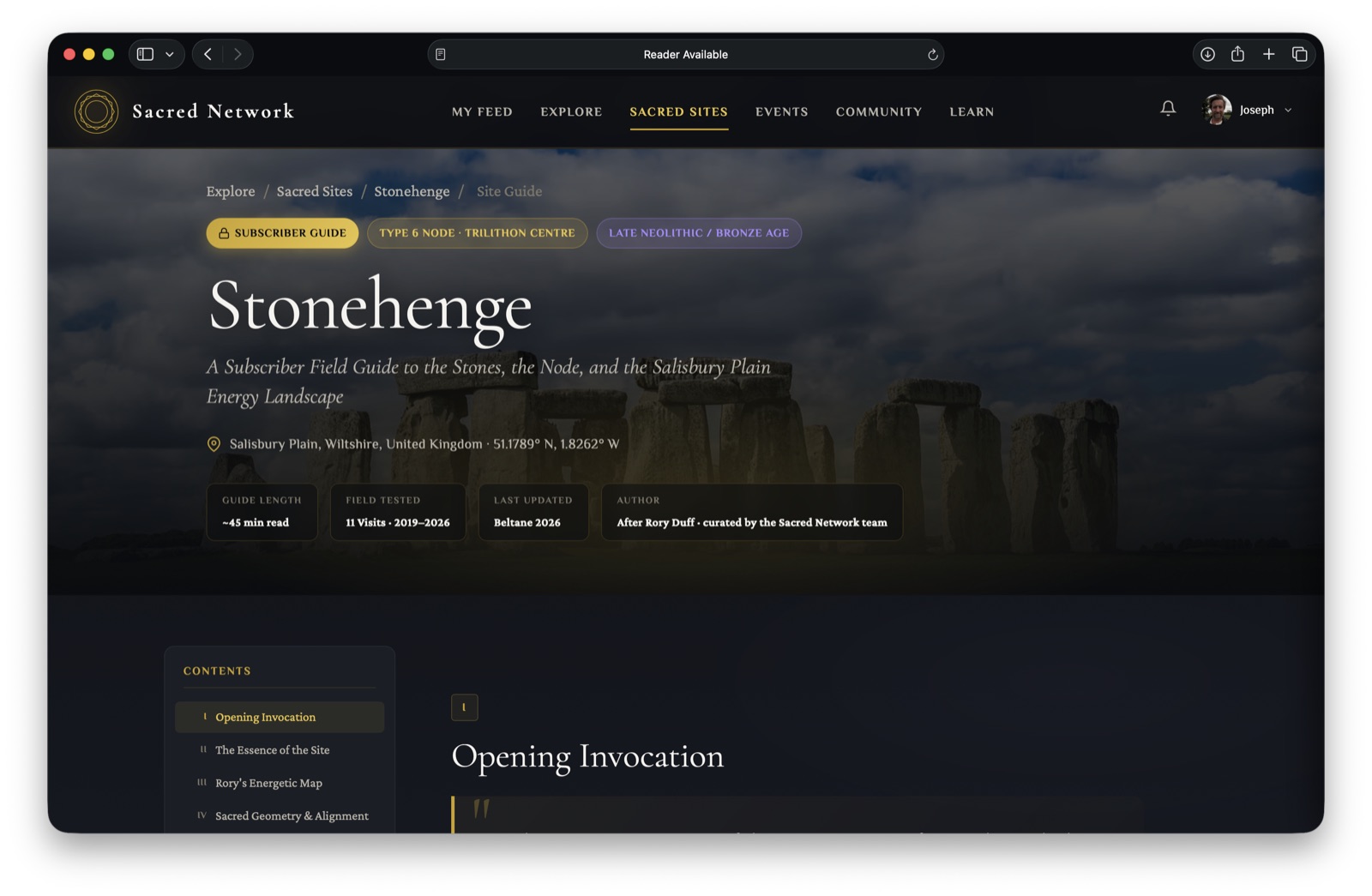 The Stonehenge site guide on Sacred Network, with its contents and an opening invocation