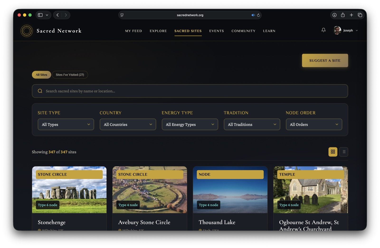 Sacred Network's site directory, showing all 347 sites with filters for type, country, energy type and tradition